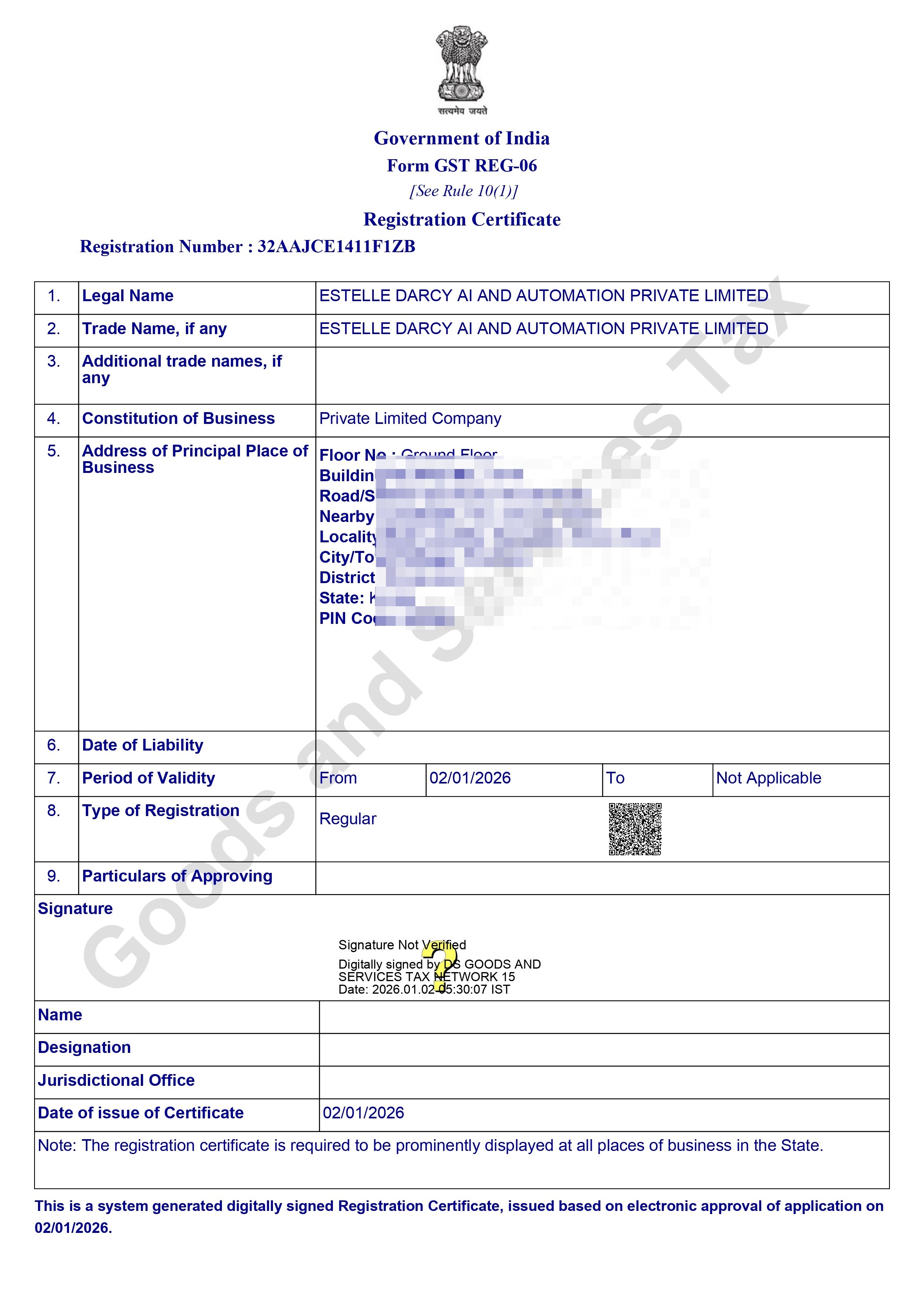 Government of India GST Registration Certificate